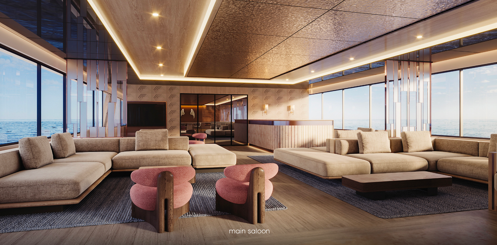 Deck and social space aboard the Boreas superyacht
