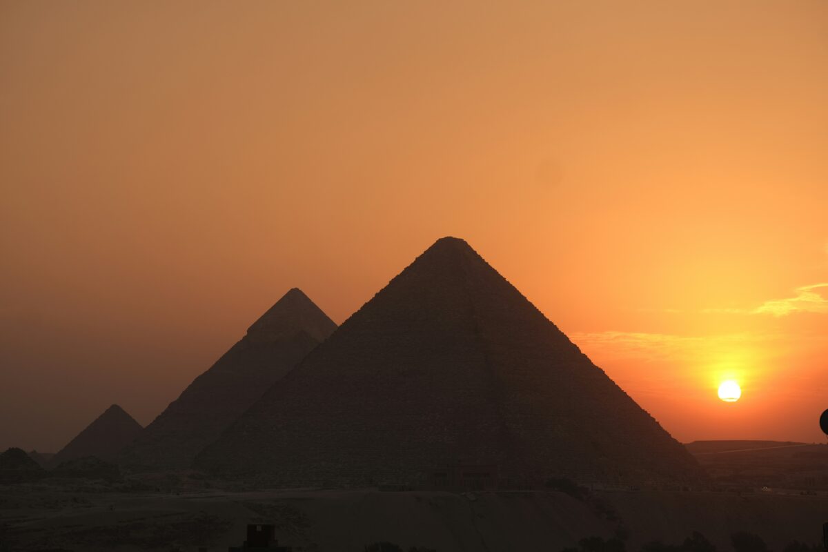 Great Pyramids of Giza under a clear blue sky, Egypt