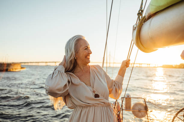 Senior traveller on the sundeck of Boreas floating resort — Red Sea, Egypt