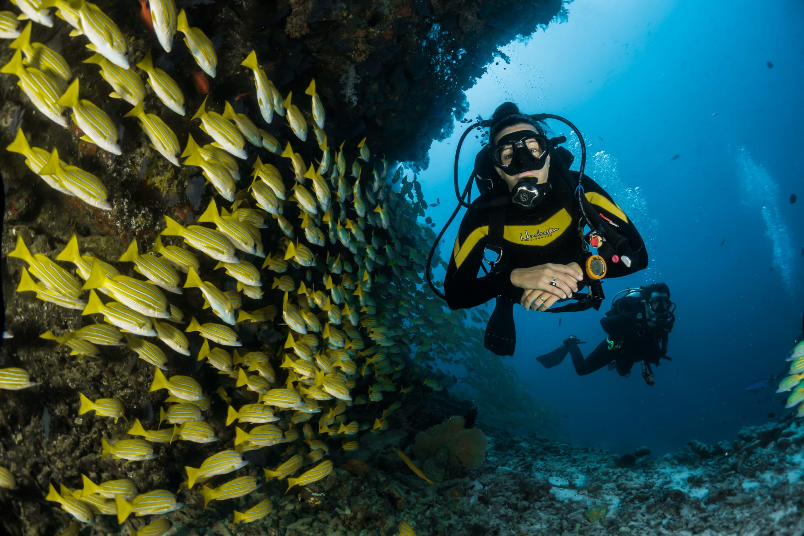Diver in the Red Sea — deep focus and slow breathing underwater