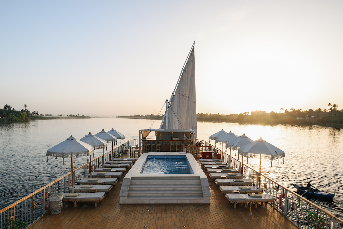 Nile Divine dahabiya — travertine pool on the lower sundeck