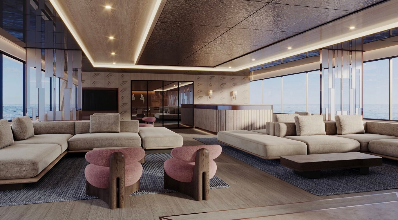Main saloon aboard the Boreas wellness superyacht — Red Sea, Egypt