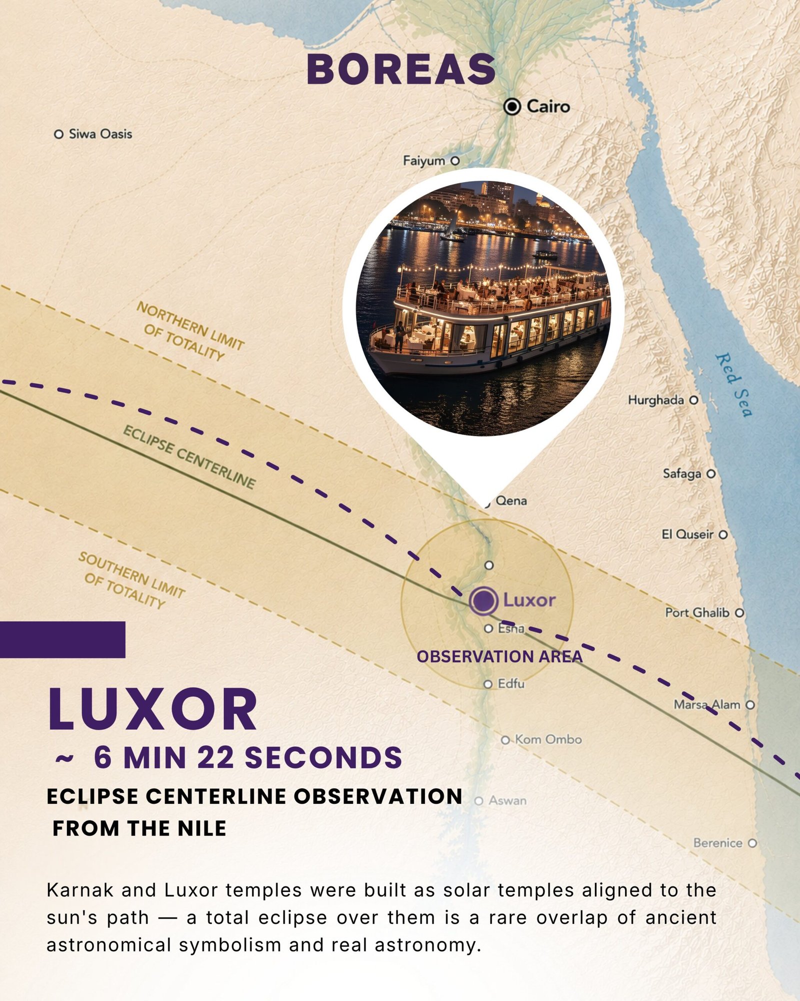 Map of the 2027 eclipse centreline through Luxor, showing the observation area on the Nile