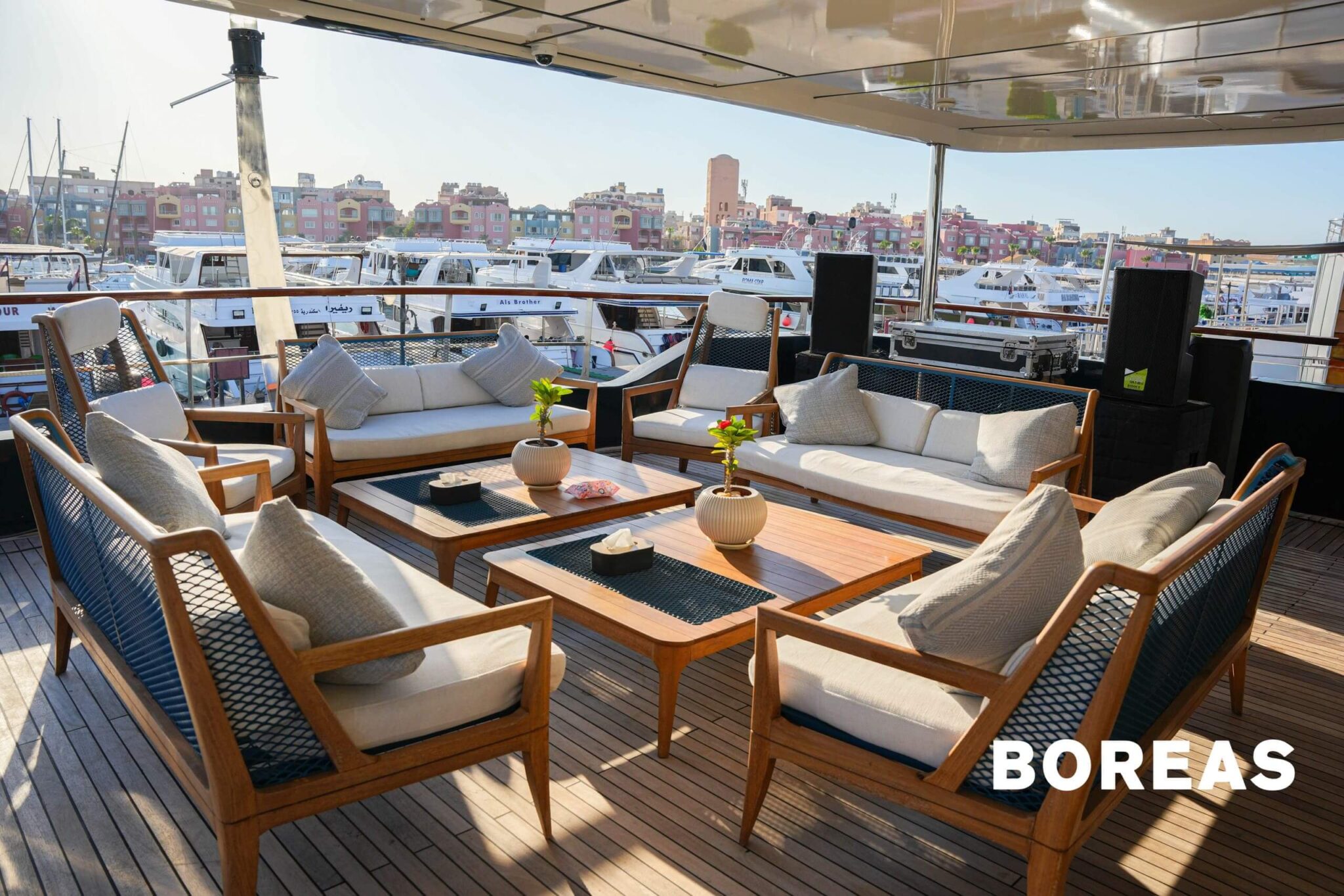 Sun deck of a Red Sea charter yacht at anchor