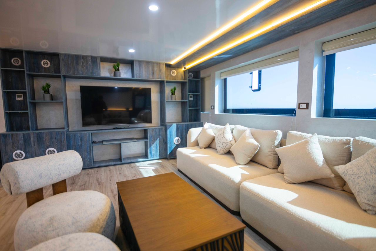 Indoor lounge onboard the Red Sea charter vessel