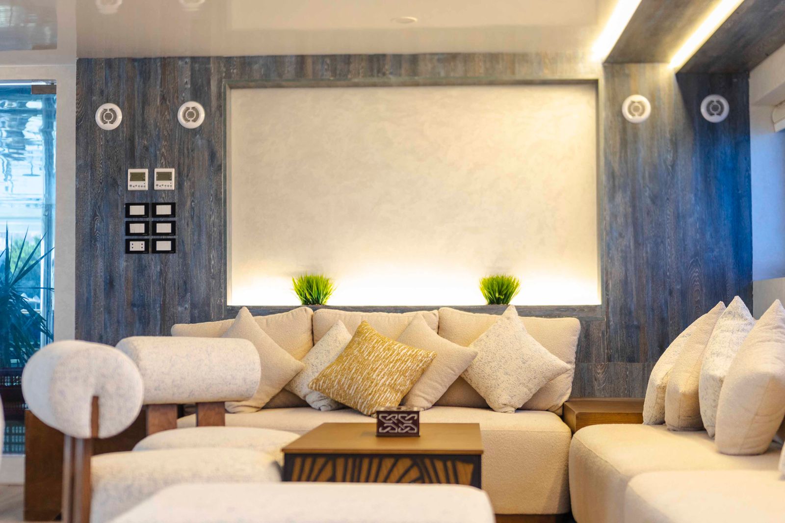 Lounge seating area onboard the charter vessel