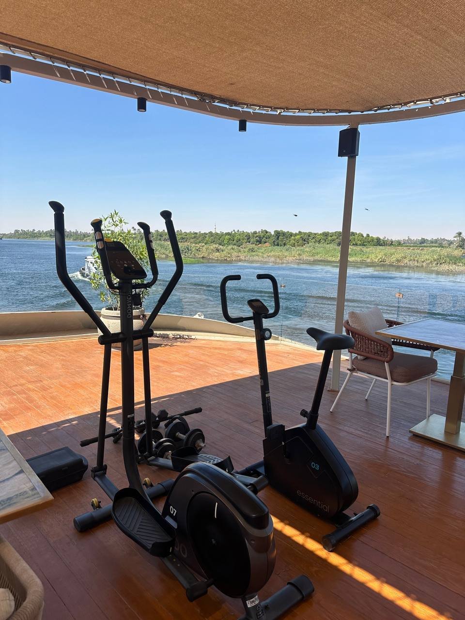 Sun deck gym with a Nile view aboard Nawara