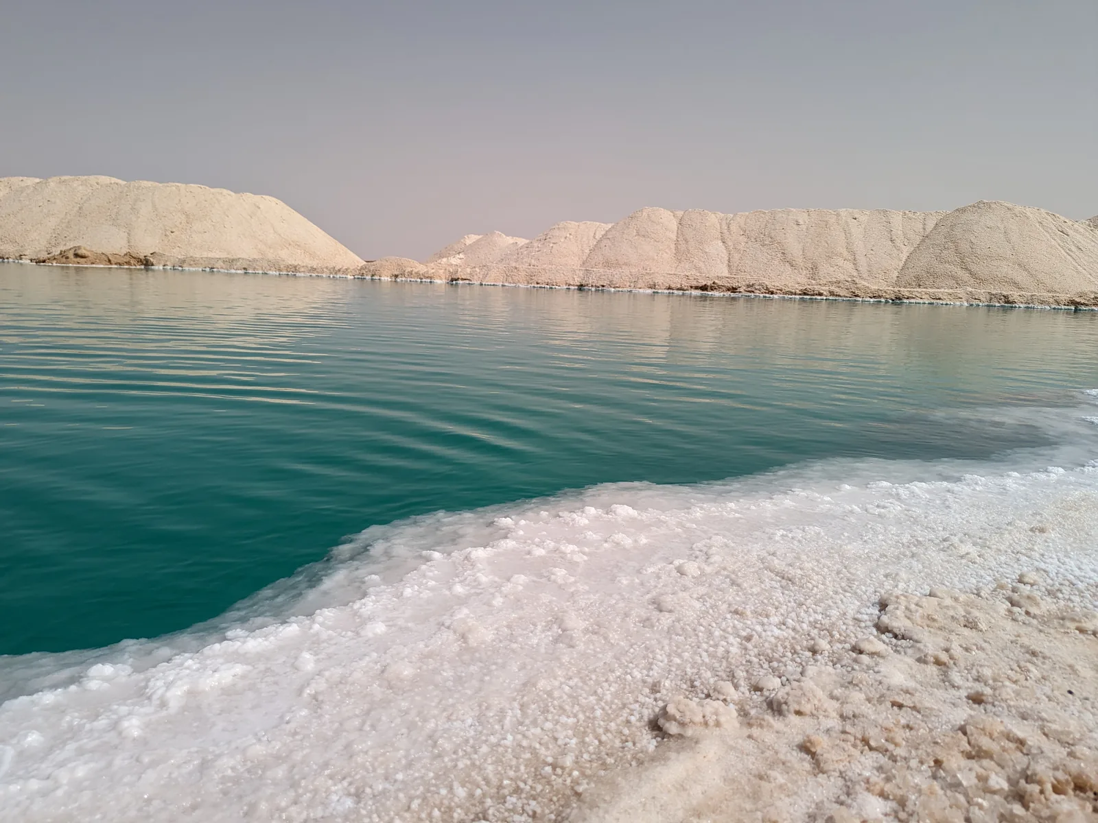 White salt crust at the edge of a Siwa salt lake